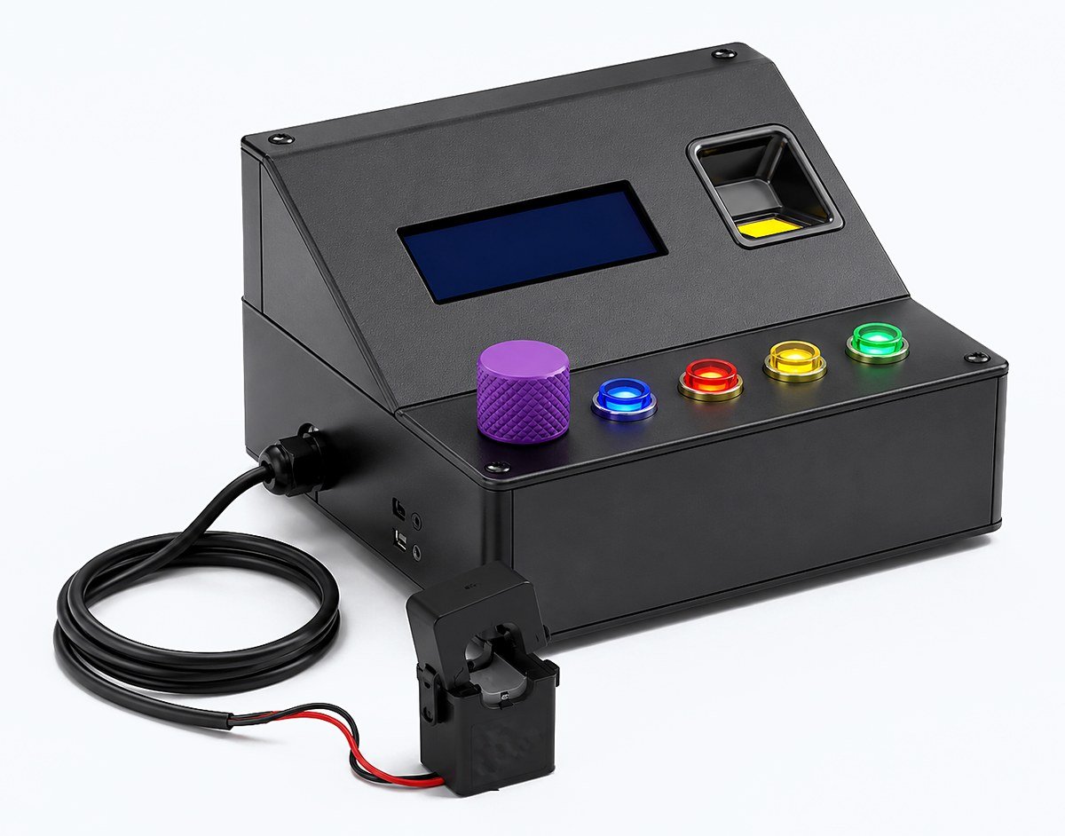 Hardware de Telemetria NRControl: caixa preta com display, leitor de digital, quatro botões iluminados de apontamento e sensor de corrente para medir consumo